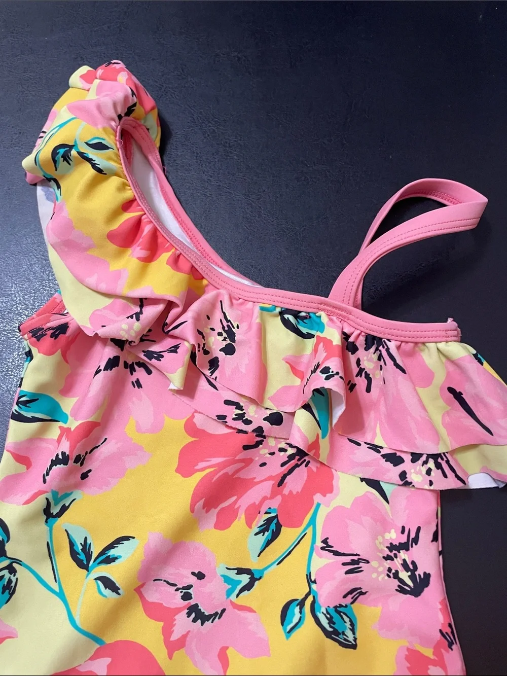 Kids Floral One-Shoulder Swimsuit - Pink & Yellow Sz.4T used good condition